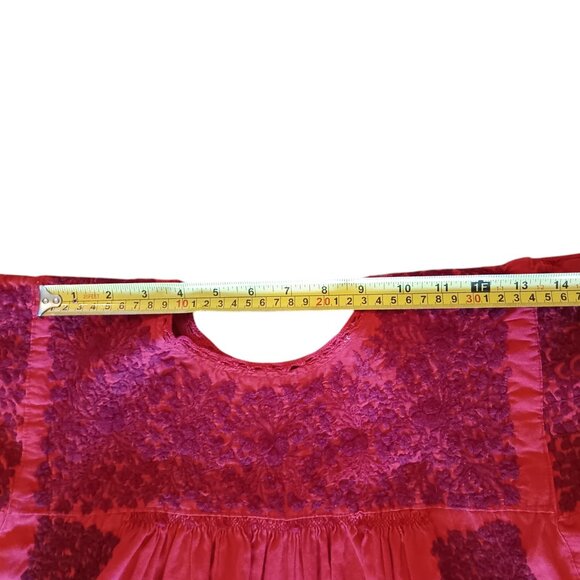 Mexican Oaxacan Red On Red Embroidered Dress Maxi Length Vintage Small Medium - Picture 14 of 16